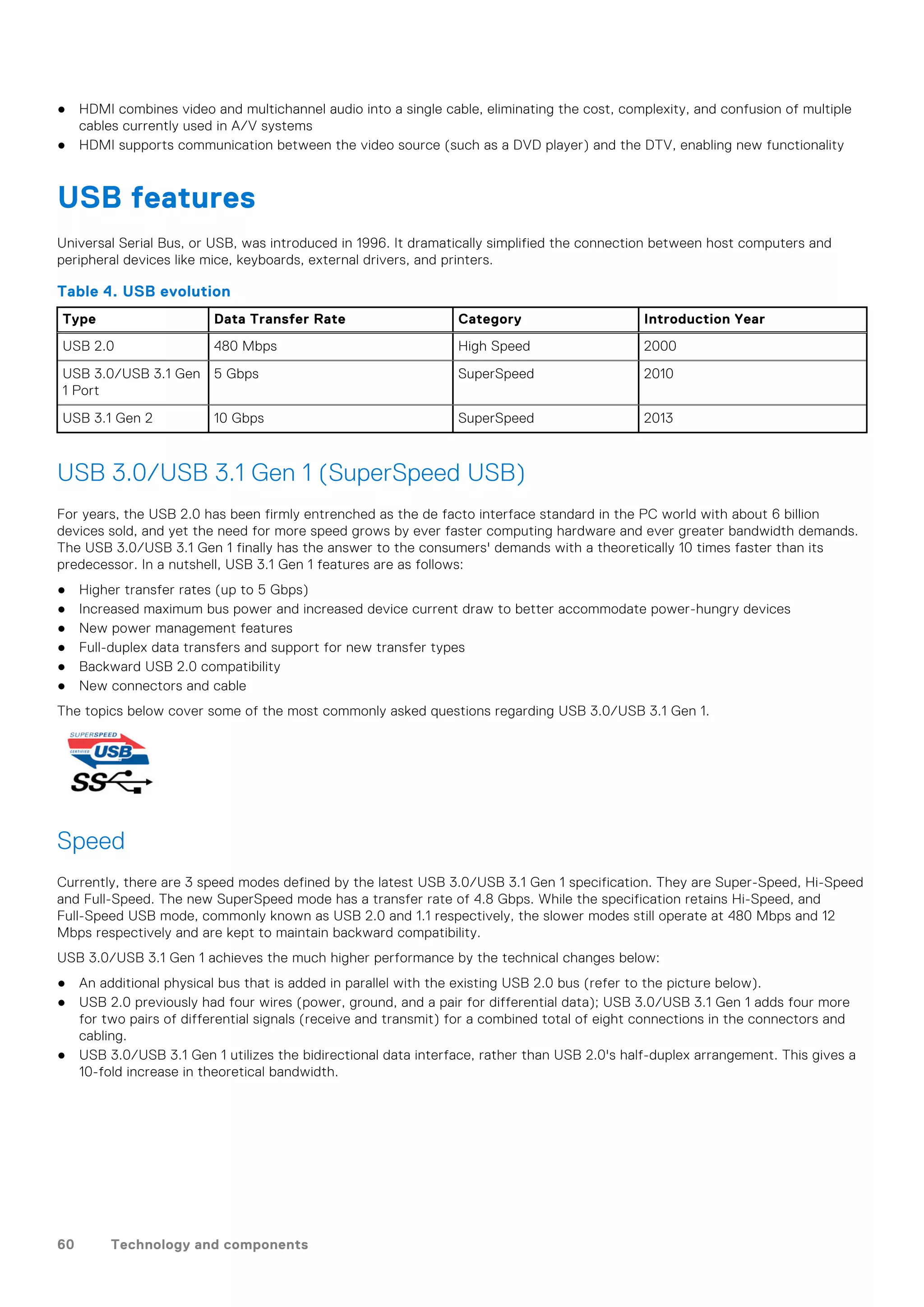 ● HDMI combines video and multichannel audio into a single cable, eliminating the cost, complexity, and confusion of multiple
cables currently used in A/V systems
● HDMI supports communication between the video source (such as a DVD player) and the DTV, enabling new functionality
USB features
Universal Serial Bus, or USB, was introduced in 1996. It dramatically simplified the connection between host computers and
peripheral devices like mice, keyboards, external drivers, and printers.
Table 4. USB evolution
Type Data Transfer Rate Category Introduction Year
USB 2.0 480 Mbps High Speed 2000
USB 3.0/USB 3.1 Gen
1 Port
5 Gbps SuperSpeed 2010
USB 3.1 Gen 2 10 Gbps SuperSpeed 2013
USB 3.0/USB 3.1 Gen 1 (SuperSpeed USB)
For years, the USB 2.0 has been firmly entrenched as the de facto interface standard in the PC world with about 6 billion
devices sold, and yet the need for more speed grows by ever faster computing hardware and ever greater bandwidth demands.
The USB 3.0/USB 3.1 Gen 1 finally has the answer to the consumers' demands with a theoretically 10 times faster than its
predecessor. In a nutshell, USB 3.1 Gen 1 features are as follows:
● Higher transfer rates (up to 5 Gbps)
● Increased maximum bus power and increased device current draw to better accommodate power-hungry devices
● New power management features
● Full-duplex data transfers and support for new transfer types
● Backward USB 2.0 compatibility
● New connectors and cable
The topics below cover some of the most commonly asked questions regarding USB 3.0/USB 3.1 Gen 1.
Speed
Currently, there are 3 speed modes defined by the latest USB 3.0/USB 3.1 Gen 1 specification. They are Super-Speed, Hi-Speed
and Full-Speed. The new SuperSpeed mode has a transfer rate of 4.8 Gbps. While the specification retains Hi-Speed, and
Full-Speed USB mode, commonly known as USB 2.0 and 1.1 respectively, the slower modes still operate at 480 Mbps and 12
Mbps respectively and are kept to maintain backward compatibility.
USB 3.0/USB 3.1 Gen 1 achieves the much higher performance by the technical changes below:
● An additional physical bus that is added in parallel with the existing USB 2.0 bus (refer to the picture below).
● USB 2.0 previously had four wires (power, ground, and a pair for differential data); USB 3.0/USB 3.1 Gen 1 adds four more
for two pairs of differential signals (receive and transmit) for a combined total of eight connections in the connectors and
cabling.
● USB 3.0/USB 3.1 Gen 1 utilizes the bidirectional data interface, rather than USB 2.0's half-duplex arrangement. This gives a
10-fold increase in theoretical bandwidth.
60 Technology and components
 
