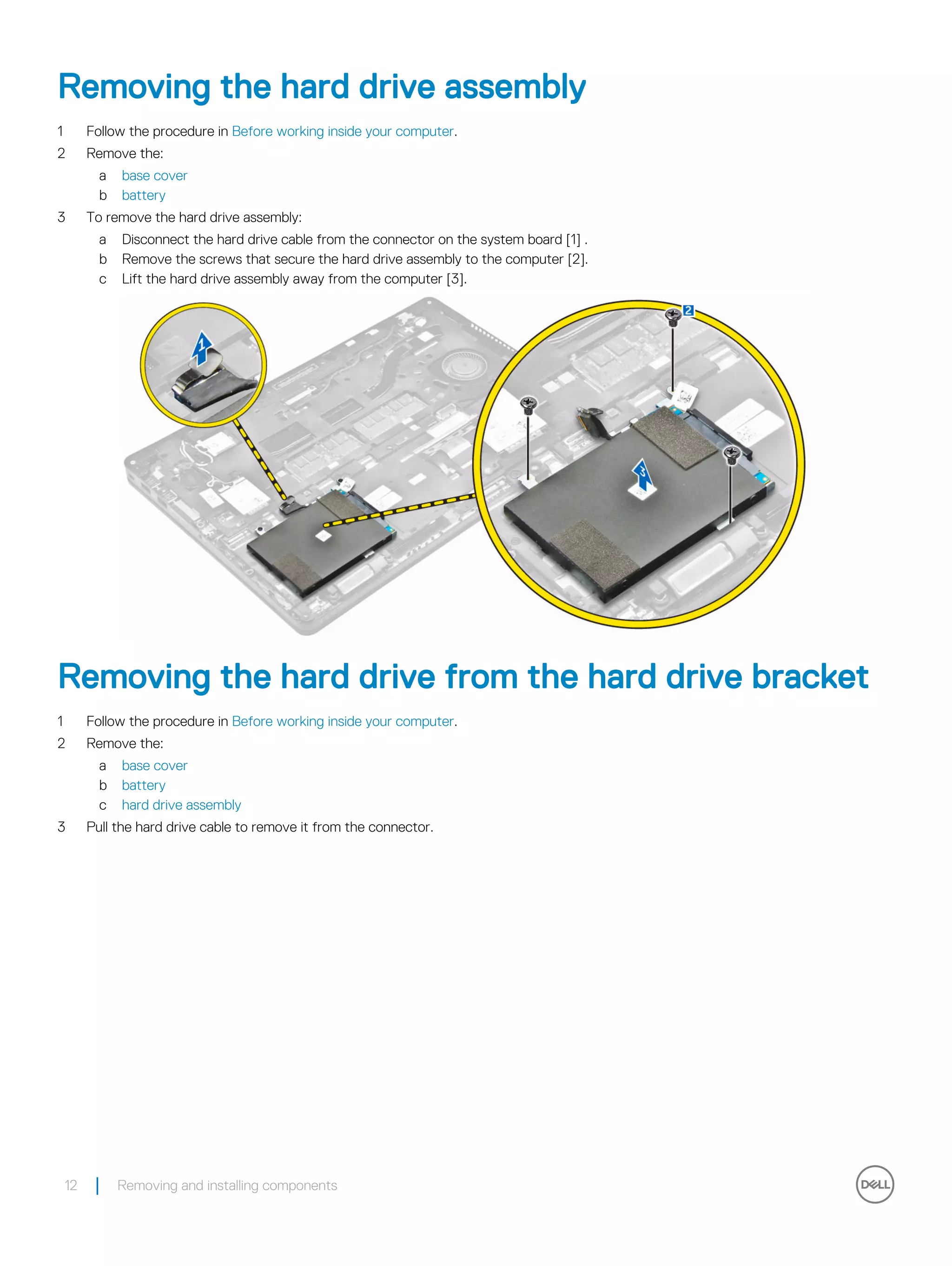 Removing the hard drive assembly
1 Follow the procedure in Before working inside your computer.
2 Remove the:
a base cover
b battery
3 To remove the hard drive assembly:
a Disconnect the hard drive cable from the connector on the system board [1] .
b Remove the screws that secure the hard drive assembly to the computer [2].
c Lift the hard drive assembly away from the computer [3].
Removing the hard drive from the hard drive bracket
1 Follow the procedure in Before working inside your computer.
2 Remove the:
a base cover
b battery
c hard drive assembly
3 Pull the hard drive cable to remove it from the connector.
12 Removing and installing components
 