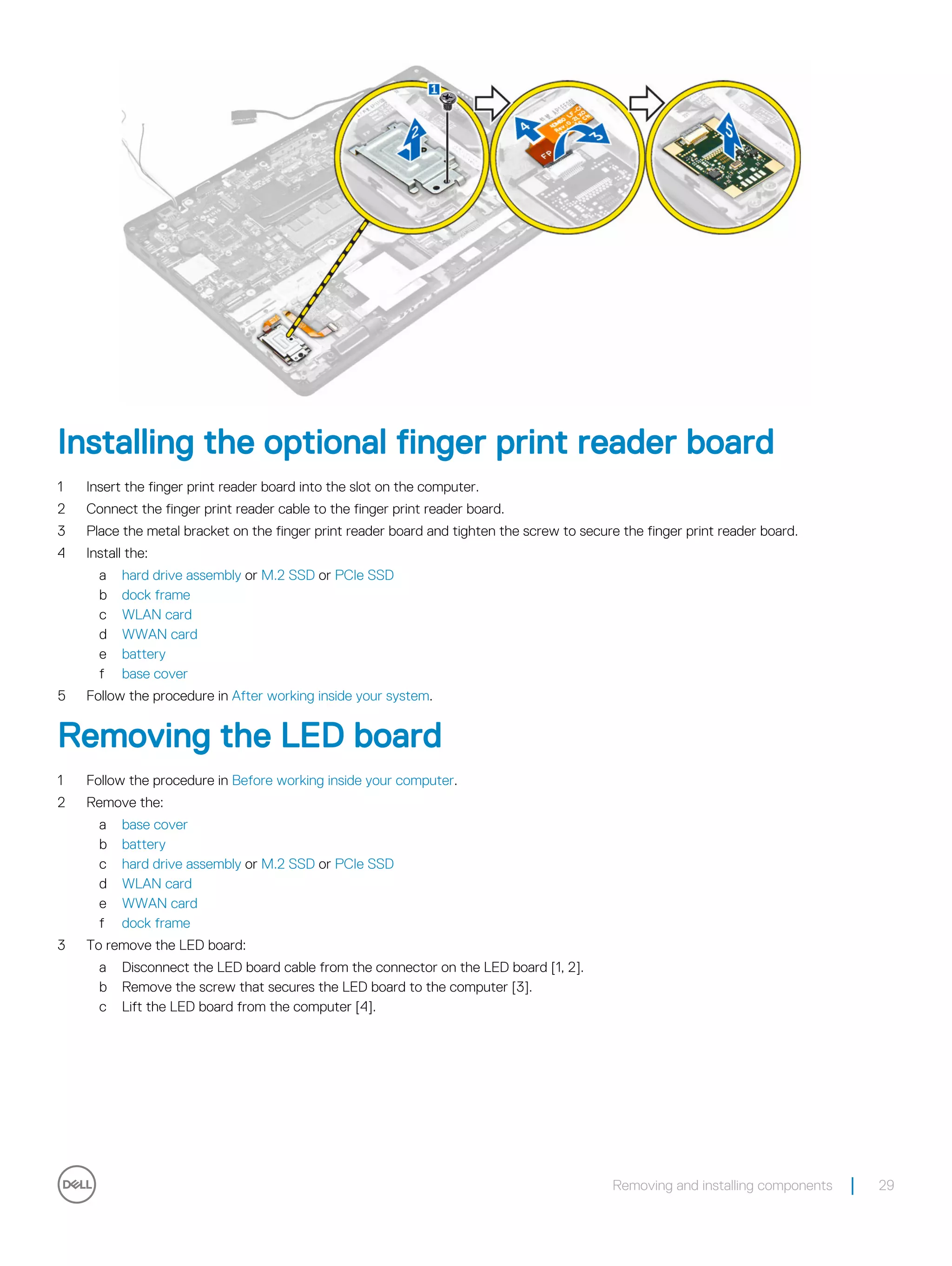 Installing the optional finger print reader board
1 Insert the finger print reader board into the slot on the computer.
2 Connect the finger print reader cable to the finger print reader board.
3 Place the metal bracket on the finger print reader board and tighten the screw to secure the finger print reader board.
4 Install the:
a hard drive assembly or M.2 SSD or PCIe SSD
b dock frame
c WLAN card
d WWAN card
e battery
f base cover
5 Follow the procedure in After working inside your system.
Removing the LED board
1 Follow the procedure in Before working inside your computer.
2 Remove the:
a base cover
b battery
c hard drive assembly or M.2 SSD or PCIe SSD
d WLAN card
e WWAN card
f dock frame
3 To remove the LED board:
a Disconnect the LED board cable from the connector on the LED board [1, 2].
b Remove the screw that secures the LED board to the computer [3].
c Lift the LED board from the computer [4].
Removing and installing components 29
 