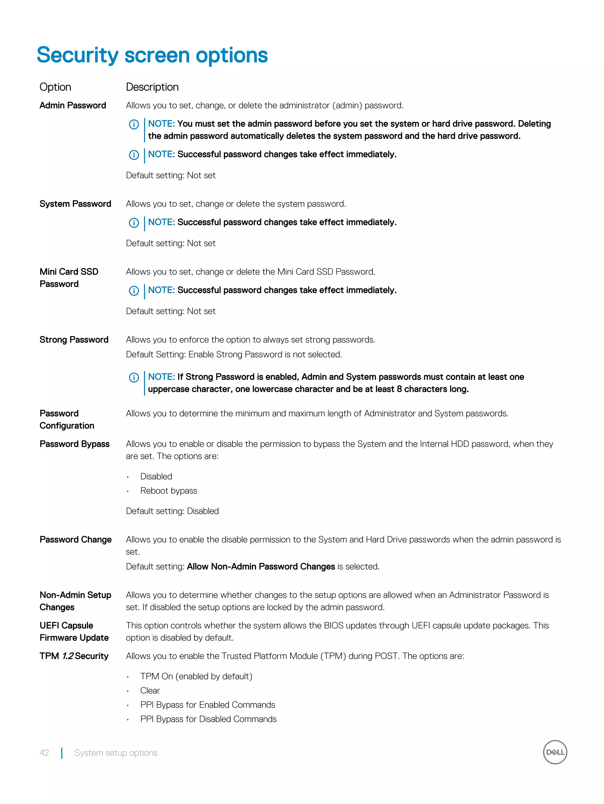 Security screen options
Option Description
Admin Password Allows you to set, change, or delete the administrator (admin) password.
NOTE: You must set the admin password before you set the system or hard drive password. Deleting
the admin password automatically deletes the system password and the hard drive password.
NOTE: Successful password changes take effect immediately.
Default setting: Not set
System Password Allows you to set, change or delete the system password.
NOTE: Successful password changes take effect immediately.
Default setting: Not set
Mini Card SSD
Password
Allows you to set, change or delete the Mini Card SSD Password.
NOTE: Successful password changes take effect immediately.
Default setting: Not set
Strong Password Allows you to enforce the option to always set strong passwords.
Default Setting: Enable Strong Password is not selected.
NOTE: If Strong Password is enabled, Admin and System passwords must contain at least one
uppercase character, one lowercase character and be at least 8 characters long.
Password
Configuration
Allows you to determine the minimum and maximum length of Administrator and System passwords.
Password Bypass Allows you to enable or disable the permission to bypass the System and the Internal HDD password, when they
are set. The options are:
• Disabled
• Reboot bypass
Default setting: Disabled
Password Change Allows you to enable the disable permission to the System and Hard Drive passwords when the admin password is
set.
Default setting: Allow Non-Admin Password Changes is selected.
Non-Admin Setup
Changes
Allows you to determine whether changes to the setup options are allowed when an Administrator Password is
set. If disabled the setup options are locked by the admin password.
UEFI Capsule
Firmware Update
This option controls whether the system allows the BIOS updates through UEFI capsule update packages. This
option is disabled by default.
TPM 1.2 Security Allows you to enable the Trusted Platform Module (TPM) during POST. The options are:
• TPM On (enabled by default)
• Clear
• PPI Bypass for Enabled Commands
• PPI Bypass for Disabled Commands
42 System setup options
 