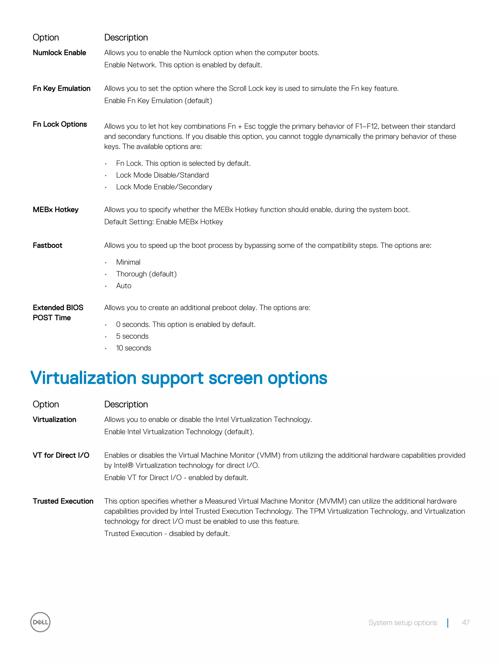 Option Description
Numlock Enable Allows you to enable the Numlock option when the computer boots.
Enable Network. This option is enabled by default.
Fn Key Emulation Allows you to set the option where the Scroll Lock key is used to simulate the Fn key feature.
Enable Fn Key Emulation (default)
Fn Lock Options Allows you to let hot key combinations Fn + Esc toggle the primary behavior of F1–F12, between their standard
and secondary functions. If you disable this option, you cannot toggle dynamically the primary behavior of these
keys. The available options are:
• Fn Lock. This option is selected by default.
• Lock Mode Disable/Standard
• Lock Mode Enable/Secondary
MEBx Hotkey Allows you to specify whether the MEBx Hotkey function should enable, during the system boot.
Default Setting: Enable MEBx Hotkey
Fastboot Allows you to speed up the boot process by bypassing some of the compatibility steps. The options are:
• Minimal
• Thorough (default)
• Auto
Extended BIOS
POST Time
Allows you to create an additional preboot delay. The options are:
• 0 seconds. This option is enabled by default.
• 5 seconds
• 10 seconds
Virtualization support screen options
Option Description
Virtualization Allows you to enable or disable the Intel Virtualization Technology.
Enable Intel Virtualization Technology (default).
VT for Direct I/O Enables or disables the Virtual Machine Monitor (VMM) from utilizing the additional hardware capabilities provided
by Intel® Virtualization technology for direct I/O.
Enable VT for Direct I/O - enabled by default.
Trusted Execution This option specifies whether a Measured Virtual Machine Monitor (MVMM) can utilize the additional hardware
capabilities provided by Intel Trusted Execution Technology. The TPM Virtualization Technology, and Virtualization
technology for direct I/O must be enabled to use this feature.
Trusted Execution - disabled by default.
System setup options 47
 