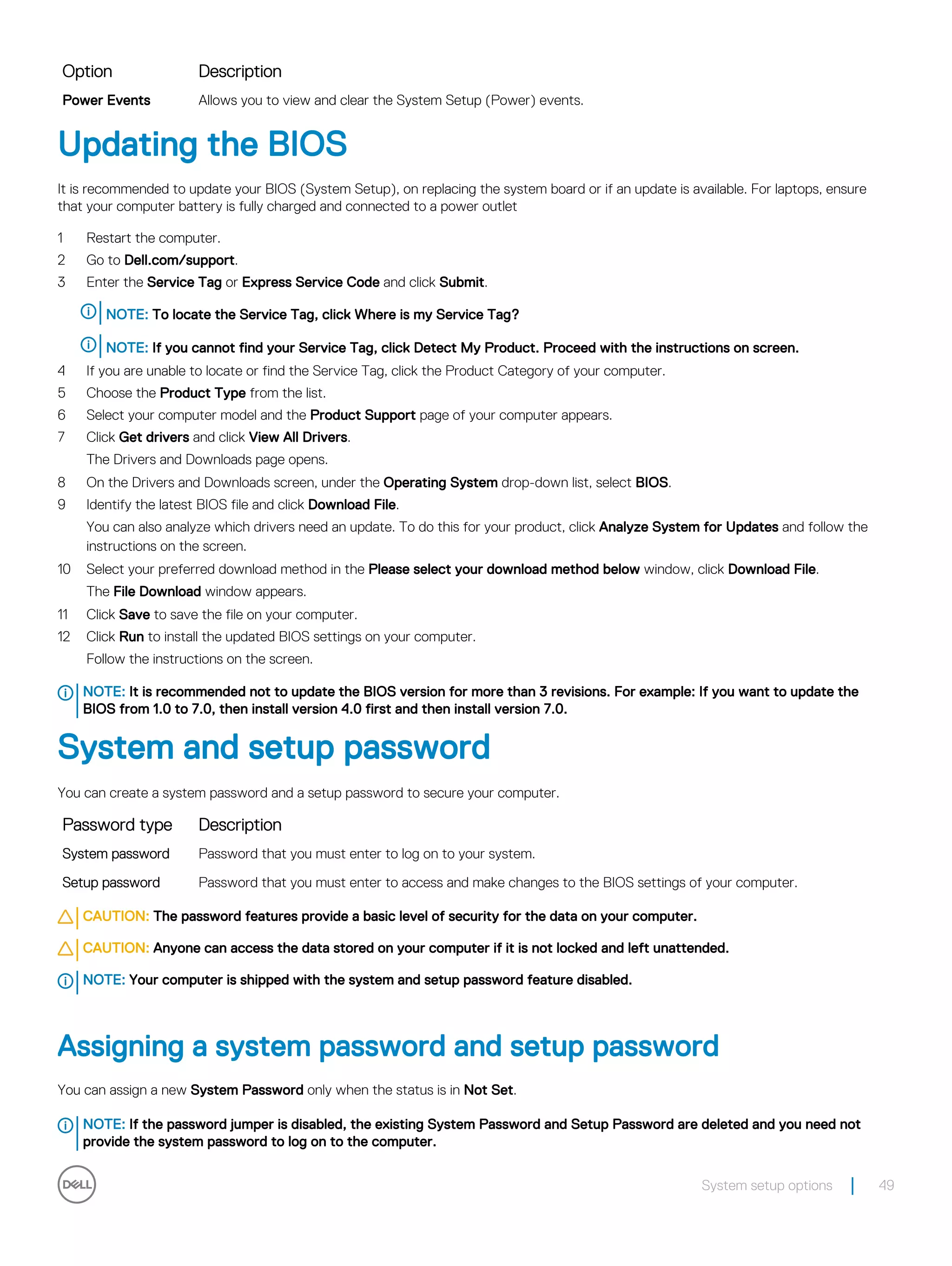 Option Description
Power Events Allows you to view and clear the System Setup (Power) events.
Updating the BIOS
It is recommended to update your BIOS (System Setup), on replacing the system board or if an update is available. For laptops, ensure
that your computer battery is fully charged and connected to a power outlet
1 Restart the computer.
2 Go to Dell.com/support.
3 Enter the Service Tag or Express Service Code and click Submit.
NOTE: To locate the Service Tag, click Where is my Service Tag?
NOTE: If you cannot find your Service Tag, click Detect My Product. Proceed with the instructions on screen.
4 If you are unable to locate or find the Service Tag, click the Product Category of your computer.
5 Choose the Product Type from the list.
6 Select your computer model and the Product Support page of your computer appears.
7 Click Get drivers and click View All Drivers.
The Drivers and Downloads page opens.
8 On the Drivers and Downloads screen, under the Operating System drop-down list, select BIOS.
9 Identify the latest BIOS file and click Download File.
You can also analyze which drivers need an update. To do this for your product, click Analyze System for Updates and follow the
instructions on the screen.
10 Select your preferred download method in the Please select your download method below window, click Download File.
The File Download window appears.
11 Click Save to save the file on your computer.
12 Click Run to install the updated BIOS settings on your computer.
Follow the instructions on the screen.
NOTE: It is recommended not to update the BIOS version for more than 3 revisions. For example: If you want to update the
BIOS from 1.0 to 7.0, then install version 4.0 first and then install version 7.0.
System and setup password
You can create a system password and a setup password to secure your computer.
Password type Description
System password Password that you must enter to log on to your system.
Setup password Password that you must enter to access and make changes to the BIOS settings of your computer.
CAUTION: The password features provide a basic level of security for the data on your computer.
CAUTION: Anyone can access the data stored on your computer if it is not locked and left unattended.
NOTE: Your computer is shipped with the system and setup password feature disabled.
Assigning a system password and setup password
You can assign a new System Password only when the status is in Not Set.
NOTE: If the password jumper is disabled, the existing System Password and Setup Password are deleted and you need not
provide the system password to log on to the computer.
System setup options 49
 