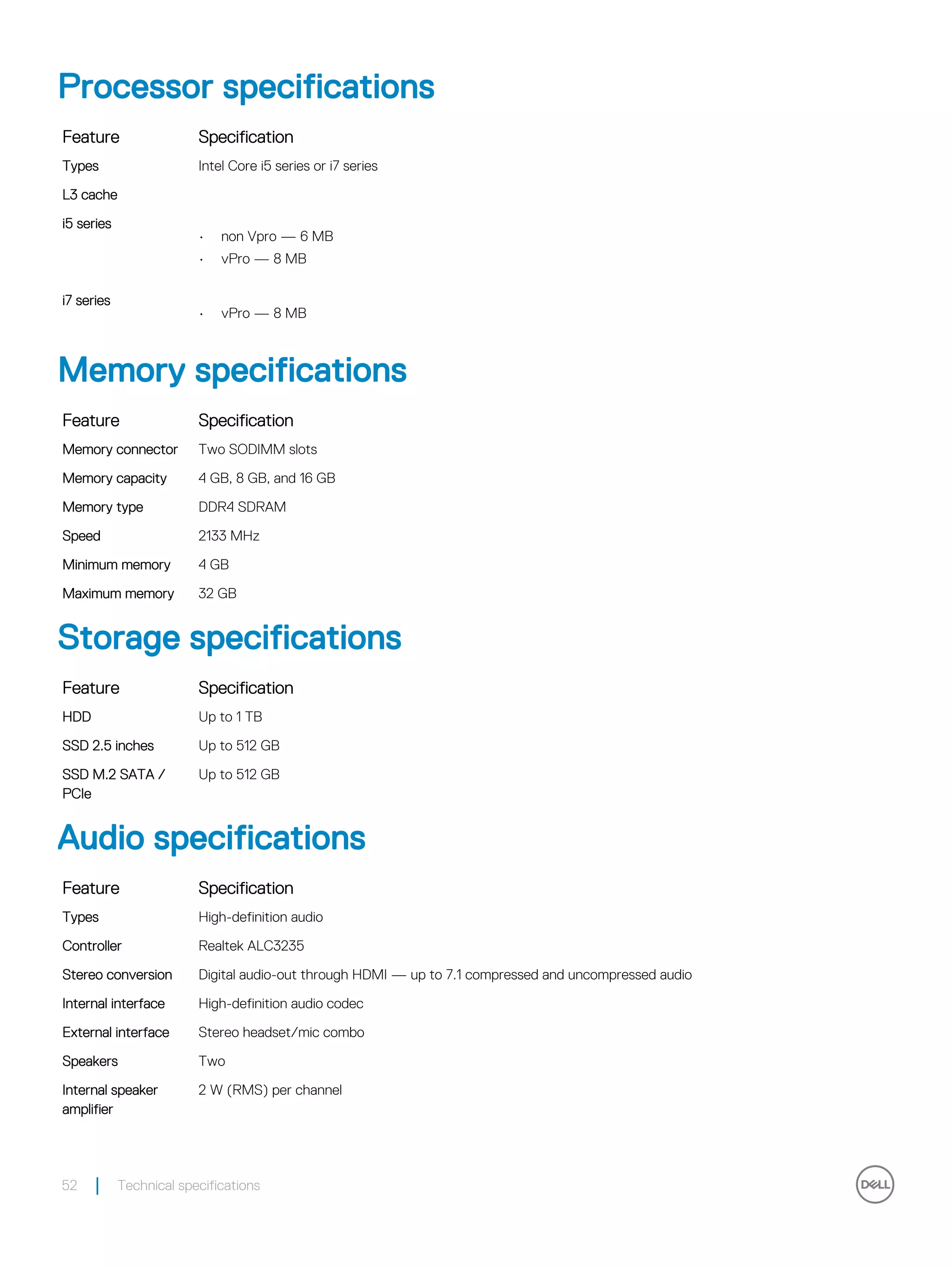 Processor specifications
Feature Specification
Types Intel Core i5 series or i7 series
L3 cache
i5 series
• non Vpro — 6 MB
• vPro — 8 MB
i7 series
• vPro — 8 MB
Memory specifications
Feature Specification
Memory connector Two SODIMM slots
Memory capacity 4 GB, 8 GB, and 16 GB
Memory type DDR4 SDRAM
Speed 2133 MHz
Minimum memory 4 GB
Maximum memory 32 GB
Storage specifications
Feature Specification
HDD Up to 1 TB
SSD 2.5 inches Up to 512 GB
SSD M.2 SATA /
PCIe
Up to 512 GB
Audio specifications
Feature Specification
Types High-definition audio
Controller Realtek ALC3235
Stereo conversion Digital audio-out through HDMI — up to 7.1 compressed and uncompressed audio
Internal interface High-definition audio codec
External interface Stereo headset/mic combo
Speakers Two
Internal speaker
amplifier
2 W (RMS) per channel
52 Technical specifications
 