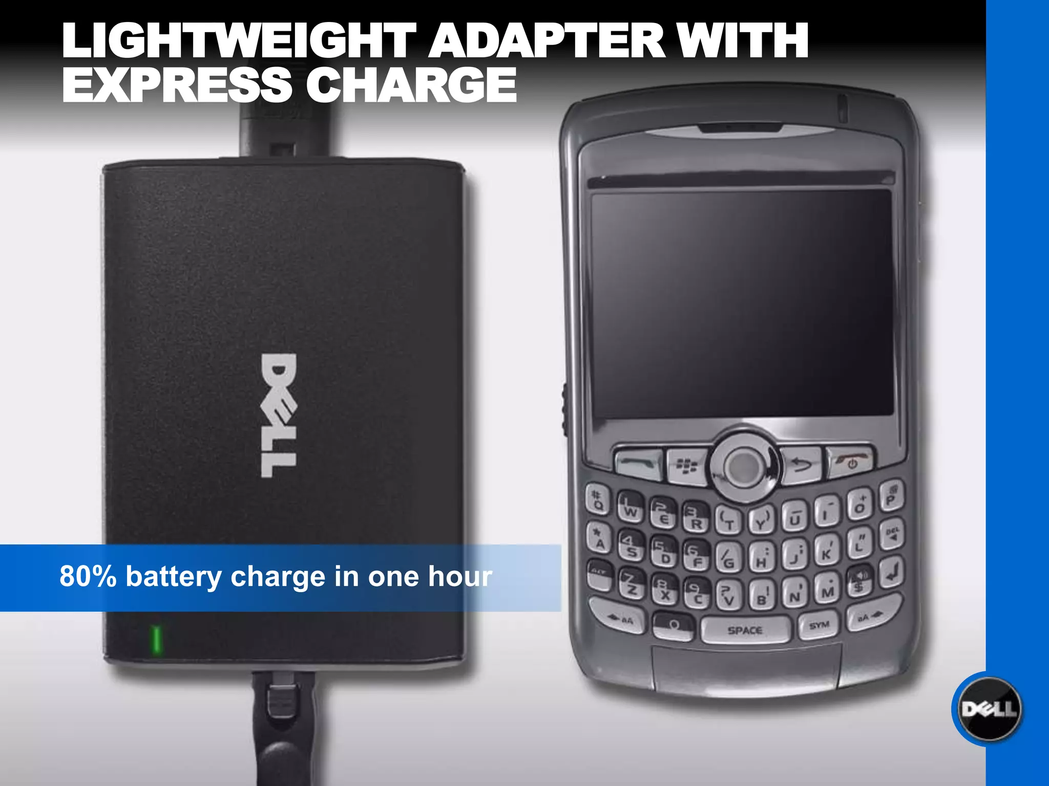 LIGHTWEIGHT ADAPTER WITH
EXPRESS CHARGE




80% battery charge in one hour
 