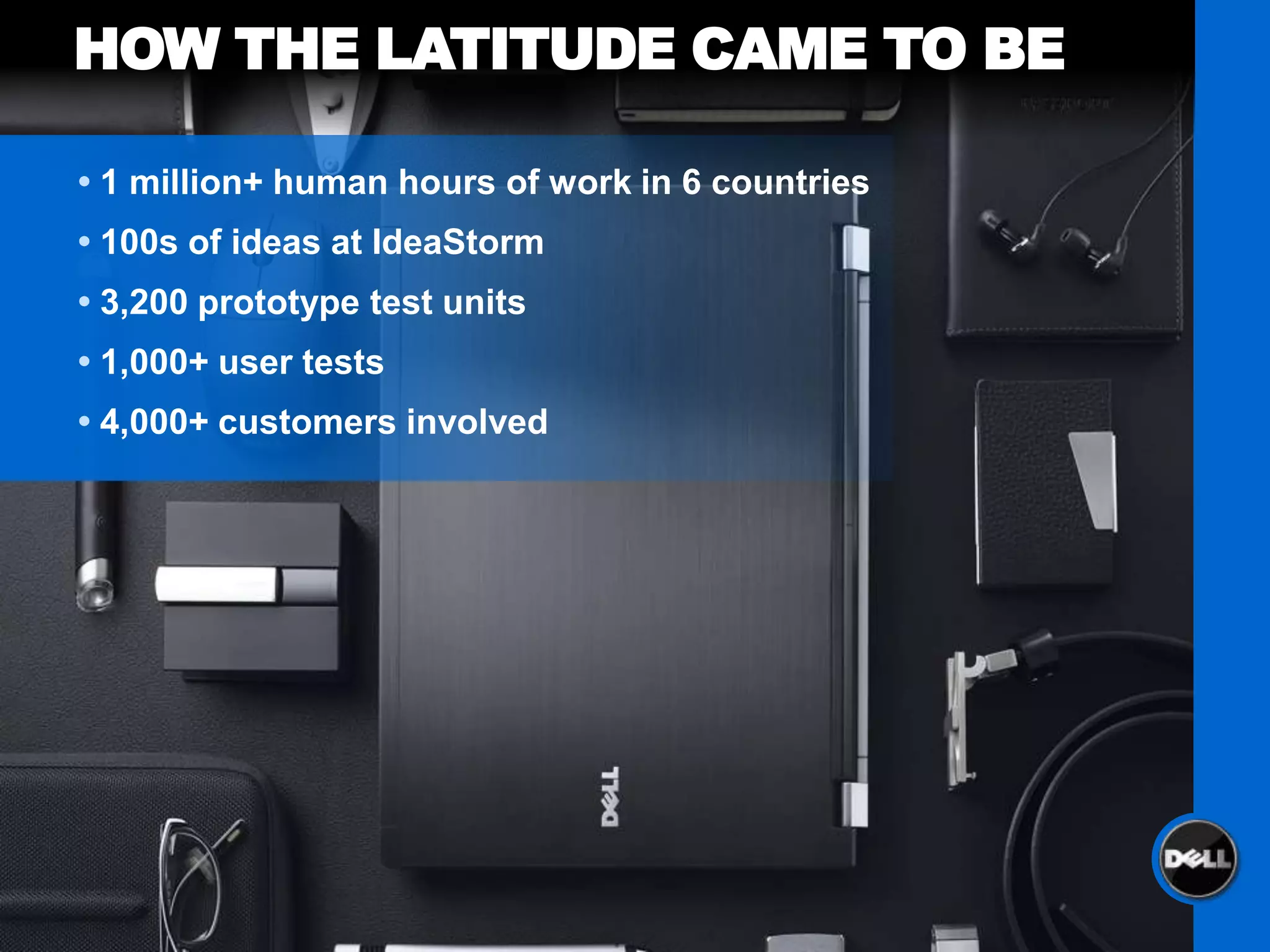 HOW THE LATITUDE CAME TO BE

 1 million+ human hours of work in 6 countries
 100s of ideas at IdeaStorm
 3,200 prototype test units
 1,000+ user tests
 4,000+ customers involved
 