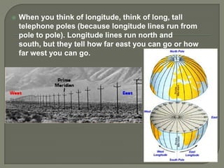    When you think of longitude, think of long, tall
    telephone poles (because longitude lines run from
    pole to pole). Longitude lines run north and
    south, but they tell how far east you can go or how
    far west you can go.
 