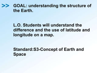 GOAL: understanding the structure of the Earth. L.O. Students will understand the difference and the use of latitude and longitude on a map.  Standard:S3-Concept of Earth and Space 