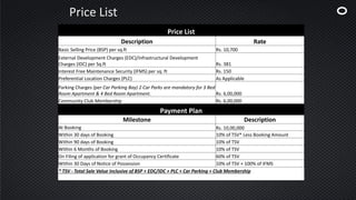 Price List
Price List
Description Rate
Basic Selling Price (BSP) per sq.ft Rs. 10,700
External Development Charges (EDC)/Infrastructural Development
Charges (IDC) per Sq.ft Rs. 381
Interest Free Maintenance Security (IFMS) per sq. ft Rs. 150
Preferential Location Charges (PLC) As Applicable
Parking Charges (per Car Parking Bay) 2 Car Parks are mandatory for 3 Bed
Room Apartment & 4 Bed Room Apartment. Rs. 6,00,000
Community Club Membership Rs. 6,00,000
Payment Plan
Milestone Description
At Booking Rs. 10,00,000
Within 30 days of Booking 10% of TSV* Less Booking Amount
Within 90 days of Booking 10% of TSV
Within 6 Months of Booking 10% of TSV
On Filing of application for grant of Occupancy Certificate 60% of TSV
Within 30 Days of Notice of Possession 10% of TSV + 100% of IFMS
* TSV - Total Sale Value inclusive of BSP + EDC/IDC + PLC + Car Parking + Club Membership
 