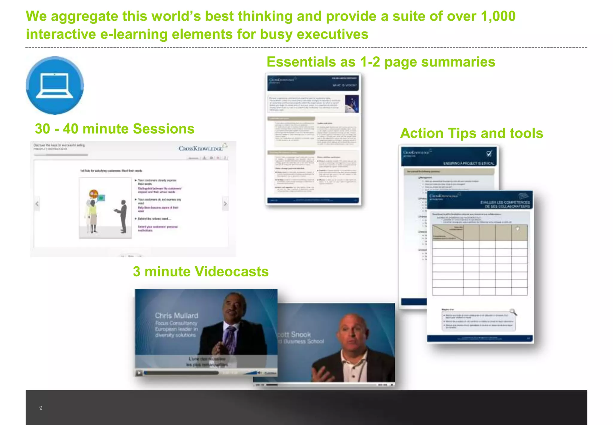 Our content is continually replenished by an esteemed faculty
representing the world’s best business schools

Marc Bertoneche
Value Creation

Scott Snook
Leadership

Kim Warren *
Strategy

Nigel Ewington
Intercultural

Robert Dilts
Vision

Jacques Lendrevie
Marketing

Steve Muylle
Web and B2B Marketing

Mario Alonso Puig
Self Development - Stress

9

Manfred Kets de Vries
Change Management

David Trickey
Team Development

Isaac Getz
Innovation

Jacques Horowitz
Client orientation

Chris Mullard
Diversity

Lutgart Van den Berghe
Corp. Governance - Ethics

Francis P. Cholle
Innovation

Avivah Wittenberg Cox
Gender Balance

Javier Fernandez Aguado
Organizational Behavior

Tony Buzan
Creativity

Charles Handy
Organizational Behavior

Amit Muckherjee
Corporate strategy

Jack Kaplan
Entrepreneurship

Adam Grant
Engagement

Greg Katz
Ethics

Jean-Pierre Detrie
Strategy

 