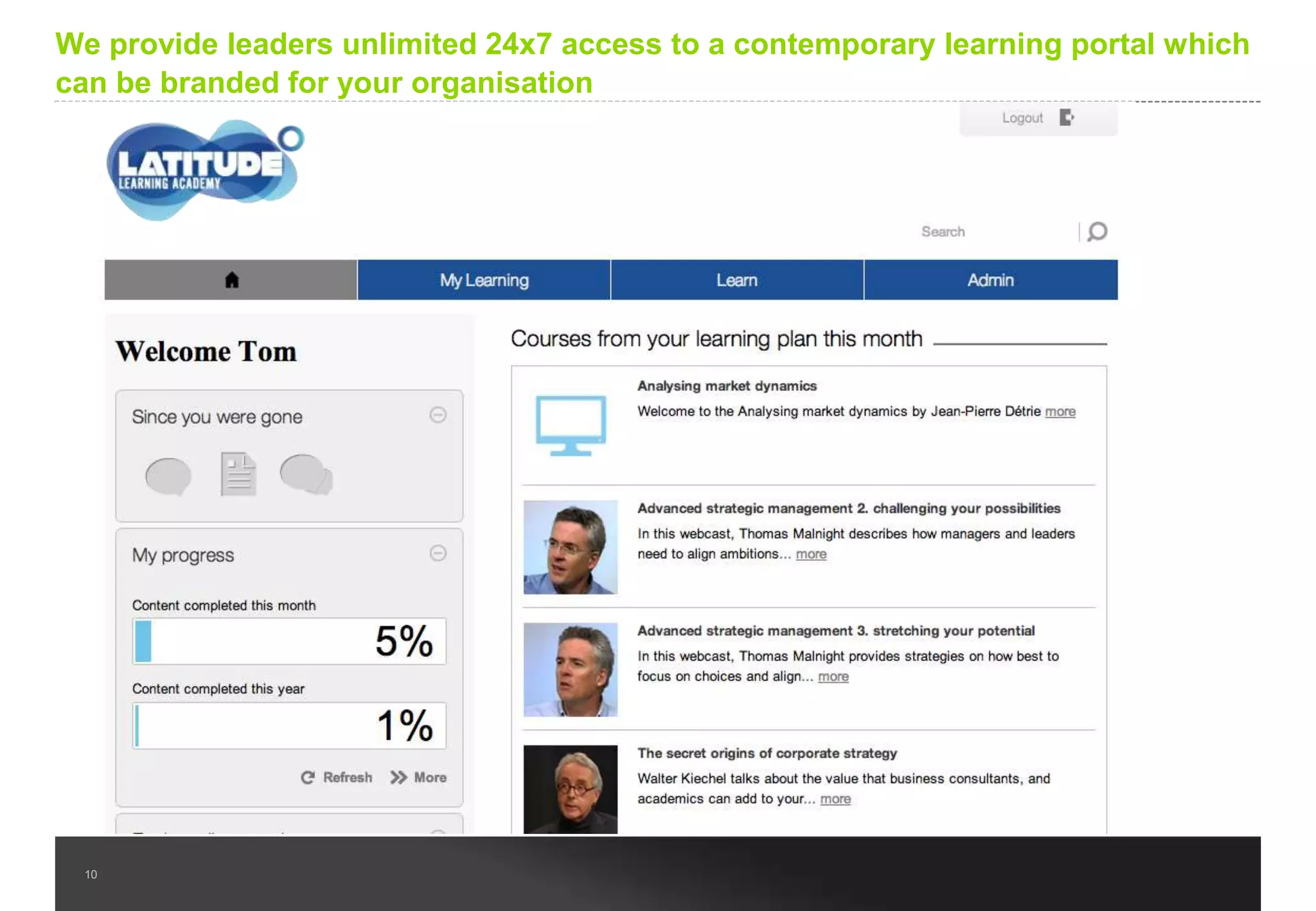 We have new faculty joining regularly with these renowned experts as
recent contributors
Charles Handy

Manfred Kets de Vries

LBS - Thinkers50 N°43

INSEAD - Thinkers50 N°45

Management and
sociology of organisations

Psychology at work:
Winner and looser‟s behavior,
dynamics of high-performance
teams

Tal Ben Shahar
Harvard

Jack Kaplan
Columbia Business School

Amit Mukherjee

Patterns of Entrepreneurship

INSEAD – consultant
Corporate networks and
management 2.0

10

Well being/Positive
psychology

 