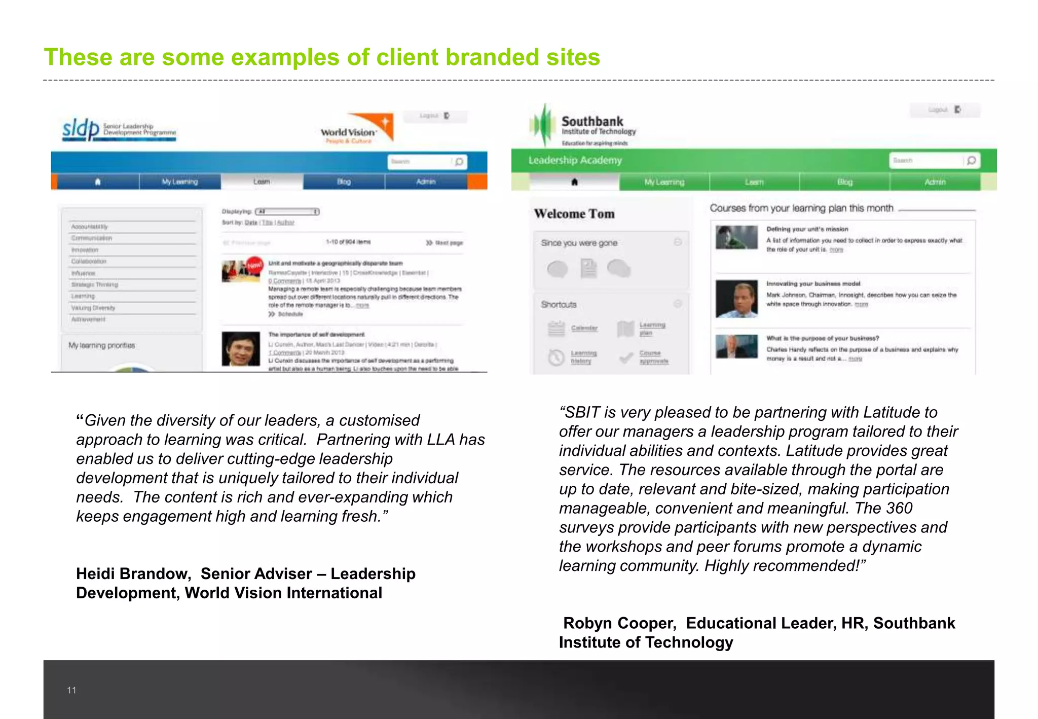 We aggregate this world’s best e-learning and provide a suite of over 1,000
interactive courses for busy executives
Essentials as 1-2 page summaries

30 - 40 minute Sessions

3 minute Videocasts

11

Action Tips and tools

 