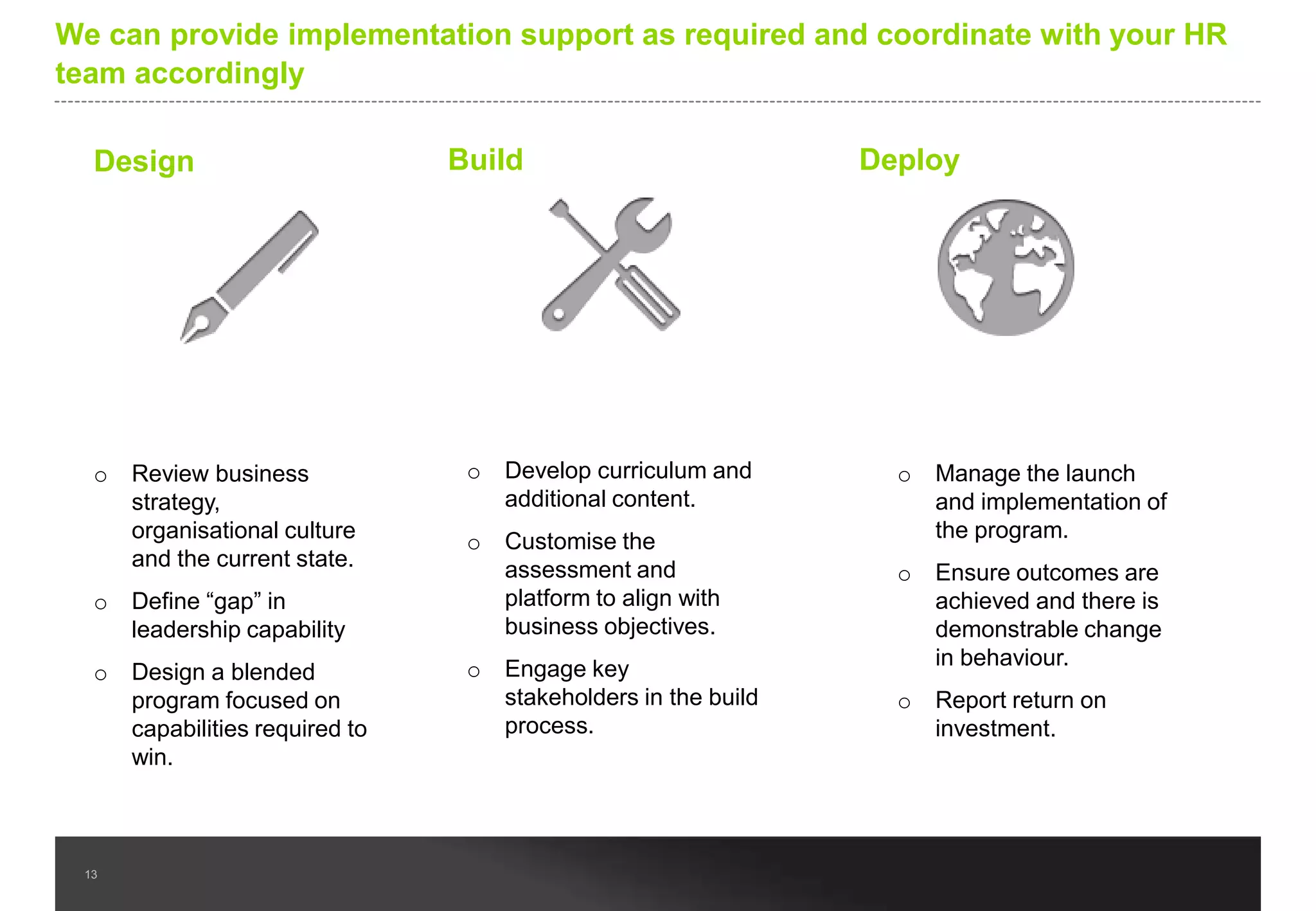 We embed assessment in the content to help the learner focus their
development on the areas of need

13

 