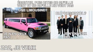 ZAZ, JE VEUX
ÉCOUTEZ, PUIS DITES CE QU’ELLE
VEUT ET CE QU’ELLE NE VEUT PAS
UNE LIMOUSINE?
JE N’EN VEUX
PAS
JE N’EN VEUX
PAS
DU PERSONNEL?
 