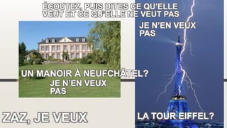 ZAZ, JE VEUX
ÉCOUTEZ, PUIS DITES CE QU’ELLE
VEUT ET CE QU’ELLE NE VEUT PAS
JE N’EN VEUX
PAS
JE N’EN VEUX
PAS
LA TOUR EIFFEL?
UN MANOIR À NEUFCHÂTEL?
 