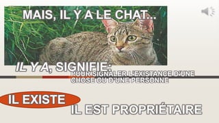 MAIS, IL Y A LE CHAT...
IL EXISTE
IL EST PROPRIÉTAIRE
POUR SIGNALER L’EXISTANCE D’UNE
CHOSE OU D’UNE PERSONNE
IL Y A, SIGNIFIE:
 