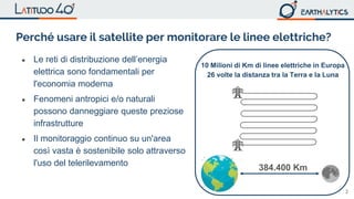 2
Perché usare il satellite per monitorare le linee elettriche?
384.400 Km
10 Milioni di Km di linee elettriche in Europa
26 volte la distanza tra la Terra e la Luna
● Le reti di distribuzione dell’energia
elettrica sono fondamentali per
l'economia moderna
● Fenomeni antropici e/o naturali
possono danneggiare queste preziose
infrastrutture
● Il monitoraggio continuo su un'area
così vasta è sostenibile solo attraverso
l'uso del telerilevamento
 