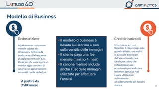 8
Abbonamento con canone
mensile in base alla
dimensione dell'area da
analizzare e alla frequenza
di aggiornamento dei dati.
Ideale per chi vuole avere un
monitoraggio continuo di
un'area con aggiornamenti
automatici delle variazioni.
Sottoscrizione
Sistema pay-per-use
flessibile. Il cliente paga solo
quando effettua un'analisi,
in base alle dimensioni
dell'area da analizzare.
Ideale per coloro che
richiedono un uso
occasionale per analizzare
fenomeni specifici. Può
essere utilizzato in
abbinamento
all'abbonamento per l'analisi
storica.
Crediti ricaricabili
A partire da
250€/mese
 Il modello di business è
basato sul servizio e non
sulla vendita delle immagini
 Il cliente paga una fee
mensile (minimo 4 mesi)
 Il canone mensile include
anche l’uso delle immagini
utilizzate per effettuare
l’analisi
Modello di Business
 