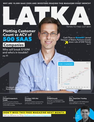 LATKA
Who will break $100M
and who’s in trouble?
pg. 05
500 SAAS
WHY ARE 10,000 SAAS CEOS AND INVESTORS READING THIS MAGAZINE EVERY MONTH?
OPEN TO FIND OUT WHY.
Plotting Customer
Count vs ACV of
Companies
Cash Flow or Growth? Jarred
Sleeper of Matrix Partners breaks
down rule of E40 Trends
Christoph Janz
Point Nine Capital
E40 CHANGES
DON’ T MISS THIS FRE E MAGA ZINE NE X T MONTH .
Tell Us Where to Ship NathanLatka.com/magazine Bill
Boebel
pg. 24
New “Touch Zero” Funding
Model
How Pingboard CEO Bill Boebel
raised $2.5M in a new way
pg. 11
FrontApp 150% Net
Retention
A cohort analysis powered by
pricing tests you should run
pg. 20
210 SaaS Companies in
Trouble
Price point and customer
count combinations leading to
<$1M ARR troubles
pg. 51
$100M Growth
How fast is HotSchedules
growing with $100M in ARR
already?
pg. 27
pg. 27
 