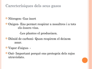 Carecterísiques dels seus gasos


Nitrogen- Gas inert



Oxigen- Ens permet respirar a nosaltres i a tots
els éssers vius.
-Les plantes el produeixen.



Diòxid de carboni- Quan respirem el deixem
anar.



Vapor d’aigua- -



Ozó- Important perquè ens protegeix dels rajos
utraviolats.

 