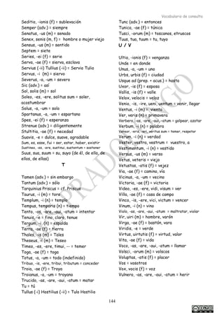 Vocabulario de consulta
144
Seditio, -ionis (f) = sublevación
Semper (adv.) = siempre
Senatus, -us (m) = senado
Senex, senis (m, f) = hombre o mujer viejo
Sensus, -us (m) = sentido
Septem = siete
Series, -ei (f) = serie
Serva, -ae (f) = sierva, esclava
Servius (-ii) Tullius (-ii) = Servio Tulio
Servus, -i (m) = siervo
Severus, -a, -um = severo
Sic (adv.) = así
Sol, solis (m) = sol
Soleo, -es, -ere, solitus sum = soler,
acostumbrar
Solus, -a, -um = solo
Spartanus, -a, -um = espartano
Spes, -ei (f) = esperanza
Strenue (adv.) = diligentemente
Stultitia, -ae (f) = necedad
Suavis, -e = dulce, suave, agradable
Sum, es, esse, fui = ser, estar, haber, existir
Sustineo, -es, -ere, sustinui, sustentum = sostener
Suus, sua, suum = su, suyo (de él, de ella, de
ellos, de ellas)
T
Tamen (adv.) = sin embargo
Tantum (adv.) = sólo
Tarquinius Priscus = cf. Priscus
Taurus, -i (m) = toro
Templum, -i (n) = templo
Tempus, temporis (n) = tiempo
Tento, -as, -are, -aui, -atum = intentar
Tenuis, -e = fino, claro, tenue
Tergum, -i (n) = espalda
Terra, -ae (f) = tierra
Thales, -is (m) = Tales
Theseus, -i (m) = Teseo
Timeo, -es, -ere, timui, -- = temer
Toga, -ae (f) = toga
Totus, -a, -um = todo (indefinido)
Tribuo, -is, -ere, tribui, tributum = conceder
Troia, -ae (f) = Troya
Troianus, -a, -um = troyano
Trucido, -as, -are, -aui, -atum = matar
Tu = tú
Tullus (-i) Hostilius (-ii) = Tulo Hostilio
Tunc (adv.) = entonces
Tunica, -ae (f) = túnica
Tusci, -orum (m) = toscanos, etruscos
Tuus, tua, tuum = tu, tuyo
U / V
Ultio, -ionis (f) = venganza
Unde = en donde
Unus, -a, -um = uno
Urbs, urbis (f) = ciudad
Usque ad (prep. + acus.) = hasta
Uxor, -is (f) = esposa
Vallis, -is (f) = valle
Velox, velocis = veloz
Venio, -is, -ire, ueni, uentum = venir, llegar
Ventus, -i (m) = viento
Ver, veris (n) = primavera
Verbero, -as, -are, -aui, -atum = golpear, azotar
Verbum, -i (n) = palabra
Vereor, -eris, -eri, veritus sum = temer, respetar
Verum, -i (n) = verdad
Vester, vestra, vestrum = vuestro, a
Vestimentum, -i (n) = vestido
Versus, -us (m) = verso
Vetus, veteris = viejo
Vetustas, -atis (f) = vejez
Via, -ae (f) = camino, vía
Vicinus, -a, -um = vecino
Victoria, -ae (f) = victoria
Video, -es, -ere, vidi, visum = ver
Villa, -ae (f) = casa de campo
Vinco, -is, -ere, vici, victum = vencer
Vinum, -i (n) = vino
Violo, -as, -are, -aui, -atum = maltratar, violar
Vir, uiri (m) = hombre, varón
Virga, -ae (f) = bastón, vara
Viridis, -e = verde
Virtus, uirtutis (f) = virtud, valor
Vita, -ae (f) = vida
Voco, -as, -are, -aui, -atum = llamar
Volsci, -orum (m) = volscos
Voluptas, -atis (f) = placer
Vos = vosotros
Vox, vocis (f) = voz
Vulnero, -as, -are, -aui, -atum = herir
 
