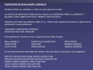 EJERCICIOS DE EVALUACIÓN UNIDAD III
Analiza el oficio en castellano e indica en qué caso iría en latín:
LA CHICA DE SERVICIO VENÍA DE SU CASA A LA NUESTRA PARA LA LIMPIEZA Y
DEJABA TODO LIMPIO EN POCO TIEMPO CON EFICACIA.
Sabiendo que todas las palabras están en un mismo caso explica la estructura y determina la
declinación a que pertenecen:
AQUARUM- AMICORUM- SPERUM
HOSTIUM- MILITUM- MANUUM
Di la declinación, el tema, la raíz y explica las que sean neutras
BELLUM BELLI EXERCITUS EXERCITUS RETE RETIS
AGER AGRI DIES DIEI NOMEN NOMINIS
FILIA FILIAE GENU GENUS GENUS GENERIS
Di con qué formas he enunciado los verbos, saca las raíces, di el tema y la conjugación:
DEFICIO DEFICIS DEFICERE DEFECI DEFECTUM
NAVIGO NAVIGAS NAVIGARE NAVIGAVI NAVIGATUM
HABEO HABES HABERE HABUI HABITUM
LEGO LEGIS LEGERE LEXI LECTUM
VENIO VENIS VENIRE VENI VENTUM
EJERCICIOS DE EVALUACIÓN UNIDAD III
Analiza el oficio en castellano e indica en qué caso iría en latín:
LA CHICA DE SERVICIO VENÍA DE SU CASA A LA NUESTRA PARA LA LIMPIEZA Y
DEJABA TODO LIMPIO EN POCO TIEMPO CON EFICACIA.
Sabiendo que todas las palabras están en un mismo caso explica la estructura y determina la
declinación a que pertenecen:
AQUARUM- AMICORUM- SPERUM
HOSTIUM- MILITUM- MANUUM
Di la declinación, el tema, la raíz y explica las que sean neutras
BELLUM BELLI EXERCITUS EXERCITUS RETE RETIS
AGER AGRI DIES DIEI NOMEN NOMINIS
FILIA FILIAE GENU GENUS GENUS GENERIS
Di con qué formas he enunciado los verbos, saca las raíces, di el tema y la conjugación:
DEFICIO DEFICIS DEFICERE DEFECI DEFECTUM
NAVIGO NAVIGAS NAVIGARE NAVIGAVI NAVIGATUM
HABEO HABES HABERE HABUI HABITUM
LEGO LEGIS LEGERE LEXI LECTUM
VENIO VENIS VENIRE VENI VENTUM
 