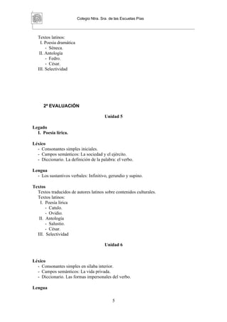 Colegio Ntra. Sra. de las Escuelas Pías



  Textos latinos:
    I. Poesía dramática
       - Séneca.
   II. Antología
       - Fedro.
       - César.
  III. Selectividad




      2ª EVALUACIÓN

                                          Unidad 5

Legado
  I. Poesía lírica.

Léxico
  - Consonantes simples iniciales.
  - Campos semánticos: La sociedad y el ejército.
  - Diccionario. La definición de la palabra: el verbo.

Lengua
  - Los sustantivos verbales: Infinitivo, gerundio y supino.

Textos
  Textos traducidos de autores latinos sobre contenidos culturales.
  Textos latinos:
    I. Poesía lírica
       - Catulo.
       - Ovidio.
   II. Antología
       - Salustio.
       - César.
  III. Selectividad

                                          Unidad 6


Léxico
  - Consonantes simples en sílaba interior.
  - Campos semánticos: La vida privada.
  - Diccionario. Las formas impersonales del verbo.

Lengua

                                              5
 