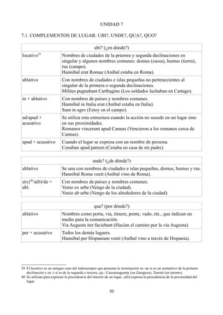 UNIDAD 7
7.1. COMPLEMENTOS DE LUGAR: UBI?, UNDE?, QUA?, QUO?
ubi? (¿en dónde?)
locativo39
Nombres de ciudades de la priemra y segunda declinaciones en
singular y algunos nombres comunes: domus (cassa), humus (tierra),
rus (campo).
Hannibal erat Romae (Aníbal estaba en Roma).
ablativo Con nombres de ciudades e islas pequeñas no pertenecientes al
singular de la primera o segunda declinaciones.
Milites pugnabant Carthagine (Los soldados luchaban en Cartago).
in + ablativo Con nombres de países y nombres comunes.
Hannibal in Italia erat (Aníbal estaba en Italia).
Sum in agro (Estoy en el campo).
ad/apud +
acusativo
Se utiliza esta estructura cuando la acción no sucede en un lugar sino
en sus proximidades.
Romanos vincerunt apud Cannas (Vencieron a los romanos cerca de
Cannas).
apud + acusativo Cuando el lugar se expresa con un nombre de persona.
Cenaban apud patrem (Cenaba en casa de mi padre).
unde? (¿de dónde?)
ablativo Se una con nombres de ciudades e islas pequeñas, domus, humus y rus.
Hannibal Roma venit (Aníbal vino de Roma).
e(x)40
/a(b)/de +
abl.
Con nombres de países y nombres comunes.
Venio ex urbe (Vengo de la ciudad).
Venio ab urbe (Vengo de los alrededores de la ciudad).
qua? (por dónde?)
ablativo Nombres como porta, via, itinere, ponte, vado, etc., que indican un
medio para la comunicación.
Via Augusta iter faciebant (Hacían el camino por la vía Augusta).
per + acusativo Todos los demás lugares.
Hannibal per Hispaniam venit (Aníbal vino a través de Hispania).
39 El locativo es un antiguo caso del indoeuropeo que presenta la terminación en -ae si es un sustantivo de la primera
declinación y en -i si es de la segunda o tercera, ejs.: Caesaraugustae (en Zaragoza), Tarenti (en tarento).
40 Se utilizan para expresar la procedencia del interior de un lugar., a(b) expresa la procedencia de la proximidad del
lugar.
50
 