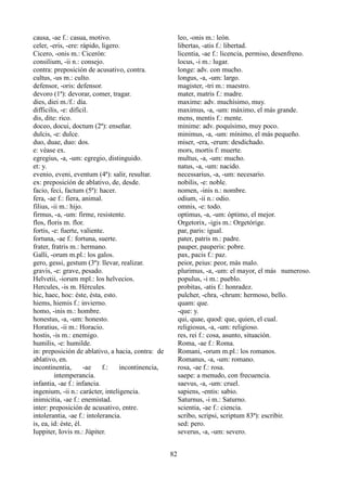 causa, -ae f.: casua, motivo.
celer, -eris, -ere: rápido, ligero.
Cicero, -onis m.: Cicerón:
consilium, -ii n.: consejo.
contra: preposición de acusativo, contra.
cultus, -us m.: culto.
defensor, -oris: defensor.
devoro (1ª): devorar, comer, tragar.
dies, diei m./f.: día.
difficilis, -e: difícil.
dis, dite: rico.
doceo, docui, doctum (2ª): enseñar.
dulcis, -e: dulce.
duo, duae, duo: dos.
e: véase ex.
egregius, -a, -um: egregio, distinguido.
et: y.
evenio, eveni, eventum (4ª): salir, resultar.
ex: preposición de ablativo, de, desde.
facio, feci, factum (5ª): hacer.
fera, -ae f.: fiera, animal.
filius, -ii m.: hijo.
firmus, -a, -um: firme, resistente.
flos, floris m. flor.
fortis, -e: fuerte, valiente.
fortuna, -ae f.: fortuna, suerte.
frater, fratris m.: hermano.
Galli, -orum m.pl.: los galos.
gero, gessi, gestum (3ª): llevar, realizar.
gravis, -e: grave, pesado.
Helvetii, -iorum mpl.: los helvecios.
Hercules, -is m. Hércules.
hic, haec, hoc: éste, ésta, esto.
hiems, hiemis f.: invierno.
homo, -inis m.: hombre.
honestus, -a, -um: honesto.
Horatius, -ii m.: Horacio.
hostis, -is m.: enemigo.
humilis, -e: humilde.
in: preposición de ablativo, a hacia, contra: de
ablativo, en.
incontinentia, -ae f.: incontinencia,
intemperancia.
infantia, -ae f.: infancia.
ingenium, -ii n.: carácter, inteligencia.
inimicitia, -ae f.: enemistad.
inter: preposición de acusativo, entre.
intolerantia, -ae f.: intolerancia.
is, ea, id: éste, él.
Iuppiter, Iovis m.: Júpiter.
leo, -onis m.: león.
libertas, -atis f.: libertad.
licentia, -ae f.: licencia, permiso, desenfreno.
locus, -i m.: lugar.
longe: adv. con mucho.
longus, -a, -um: largo.
magister, -tri m.: maestro.
mater, matris f.: madre.
maxime: adv. muchísimo, muy.
maximus, -a, -um: máximo, el más grande.
mens, mentis f.: mente.
minime: adv. poquísimo, muy poco.
minimus, -a, -um: mínimo, el más pequeño.
miser, -era, -erum: desdichado.
mors, mortis f: muerte.
multus, -a, -um: mucho.
natus, -a, -um: nacido.
necessarius, -a, -um: necesario.
nobilis, -e: noble.
nomen, -inis n.: nombre.
odium, -ii n.: odio.
omnis, -e: todo.
optimus, -a, -um: óptimo, el mejor.
Orgetorix, -igis m.: Orgetórige.
par, paris: igual.
pater, patris m.: padre.
pauper, pauperis: pobre.
pax, pacis f.: paz.
peior, peius: peor, más malo.
plurimus, -a, -um: el mayor, el más numeroso.
populus, -i m.: pueblo.
probitas, -atis f.: honradez.
pulcher, -chra, -chrum: hermoso, bello.
quam: que.
-que: y.
qui, quae, quod: que, quien, el cual.
religiosus, -a, -um: religioso.
res, rei f.: cosa, asunto, situación.
Roma, -ae f.: Roma.
Romani, -orum m.pl.: los romanos.
Romanus, -a, -um: romano.
rosa, -ae f.: rosa.
saepe: a menudo, con frecuencia.
saevus, -a, -um: cruel.
sapiens, -entis: sabio.
Saturnus, -i m.: Saturno.
scientia, -ae f.: ciencia.
scribo, scripsi, scriptum 83ª): escribir.
sed: pero.
severus, -a, -um: severo.
82
 