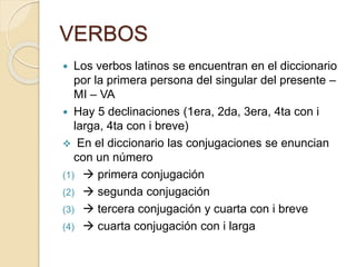 VERBOS 
 Los verbos latinos se encuentran en el diccionario 
por la primera persona del singular del presente – 
MI – VA ...