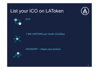 List your ICO on LAToken
9
KYC
1 MN VISITORS per month (Oct/Sep)
ADVISORY – shape your product
 