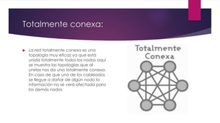 Totalmente conexa:
 La red totalmente conexa es una
topología muy eficaz ya que está
unida totalmente todos los nodos aquí
se muestra las topologías que al
unirlas nos da una totalmente conexa.
En caso de que uno de los cableados
se llegue a dañar de algún nodo la
información no se verá afectada para
los demás nodos
 