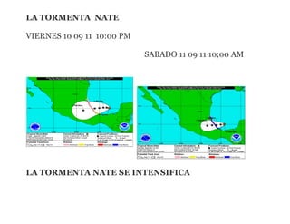 LA TORMENTA  NATE<br />VIERNES 10 09 11  10:00 PM <br />                                                             SABADO 11 09 11 10;00 AM<br />lefttop<br />LA TORMENTA NATE SE INTENSIFICA<br />La tormenta Nate se intensifica en el Golfo de México<br />El fenómeno meteorológico se desplaza a una velocidad de 75 kilómetros por hora hacia el norte de la península de Yucatán<br />Notas relacionadas<br />MIAMI, 8 de septiembre.- Una nueva tormenta tropical se forma en el golfo de México con vientos que se desplazan con una velocidad de 75 kilómetros por hora, hacía el norte de la península de Yucatán, informó el Centro Nacional de Huracanes (NHC), con sede en Miami.<br />Ante dicha situación, se emitieron alertas de tormentas en la costa peninsular, mientras que los meteorólogos esperan que quot;
Natequot;
 se convierta en huracán en los próximos días.<br />Las previsiones meteorológicas advierten afectacciones con dirección norte hacia los estados de Veracruz y Tamaulipas por “Nate” que se convertiría en la decimocuarta de la temporada de 2011.<br />Tormenta Nate, <br />próxima a ser huracán, impactará México durante fin de semana<br />TENDENCIAS • 9 SEPTIEMBRE 2011 - 4:27PM — AFP<br />Se prevé que este viernes Nate descargue lluvias de fuertes a intensas en el sureste mexicano y en la península de Yucatán. La tormenta estaría impactando la costa atlántica de México hacia el domingo, advirtió el SMN.<br />Ciudad de México • La tormenta tropical Nate, que podría intensificarse a huracán en las próximas horas, avanza este viernes por el Golfo de México y se prevé que golpeará las costas mexicanas durante el fin de semana convertido en huracán, informó el Servicio Meteorológico Nacional (SMN).<br />Las malas condiciones climáticas causadas por Nate motivaron el jueves la evacuación de una plataforma petrolera en el Golfo de México (este), durante la cual desaparecieron 10 trabajadores de una empresa contratista estadounidense que están siendo buscados.<br />Nate se halla sobre la Sonda de Campeche, que alberga un buen número de pozos petrolíferos, a 205 km al norte de Chiltepec (Tabasco, este) y se desplaza hacia el noroeste a una velocidad de 6 km/h acompañado de vientos sostenidos de 100 km/h, según el último reporte del SMN.<br />El SMN prevé que este viernes Nate descargue lluvias de fuertes a intensas en el sureste mexicano y en la península de Yucatán (este) aunque la zona de alerta por la tormenta abarca hasta el sur del estado de Tamaulipas (noreste), fronterizo con Estados Unidos.Se pronostica que Nate se convierta en huracán este viernes y que se fortalezca aún más durante el sábado, indicó el Centro Nacional de Huracanes de Estados Unidos.<br />La tormenta estaría impactando la costa atlántica de México hacia el domingo, advirtió el SMN.<br />Siete estados del sur de México, en alerta por la tormenta 'Nate'<br />Jueves, 08 de septiembre de 2011 a las 17:55<br />La tormenta tropical 'Nate' ha puesto en emergencia a cinco estados del sureste de México (NOAA).<br />Lo más importante<br />Siete estados del sur de México se encuentra en alerta por la tormenta 'Nate'<br />'Nate' presenta un movimiento estacionario sobre la Sonda de Campeche con vientos de 75 kilómetros por hora<br />Temas relacionados<br />¿Te encuentras en alguna zona afectada por la tormenta? Comparte tus imágenes a través<br />(CNNMéxico) — Siete estados del sur de México establecieron una zona de alerta por los efectos de la tormenta tropical Nate, que dejará lluvias intensas a torrenciales, según el reporte del Servicio Meteorológico Nacional (SMN).<br />El fenómeno se encuentra sobre la Sonda de Campeche y provocará lluvias sobre Tabasco, Veracruz, Campeche, Oaxaca, Chiapas, Quintana Roo y Yucatán.<br />Nate estaba ubicada por la mañana a 200 kilómetros al oeste de Campeche y a 305 al noreste de Coatzacoalcos, Veracruz.<br />En Chiapas y Oaxaca se advirtió de posibles escurrimientos, lo que podría causar deslaves en zonas montañosas e inundaciones en regiones bajas.<br />La tormenta tropical de índice de peligrosidad moderado originará vientos fuertes sobre el sur de Veracruz y Tabasco, y oleaje elevado sobre el sur del Golfo de México y costas de dichas entidades, informó el SMN.<br />Al mediodía de este jueves la tormenta tropical se acercó más a Campeche y tuvo vientos máximos sostenidos de 85 kilómetros por hora y rachas de 100.<br />Ante la cercanía de Nate en la Bahía de Campeche, el gobierno del estado instruyó a los cuerpos de seguridad pública estatal a estar atentos y listos para prestar ayuda a la población.<br />Alertas bajas y moderadas<br />La Secretaría de Gobernación (Segob), encargada de la política interior, emitió alertas para los estados implicados.<br />Quintana Roo, el centro y sur de Veracruz y Oaxaca están en alerta azul, el nivel más bajo,<br />El centro y occidente de Tabasco y el centro y oriente de Yucatán se encuentran en alerta verde, mientras en alerta amarilla se ubican Campeche, el norte y oriente de Tabasco y el occidente de Yucatán.<br />Chiapas no está en alerta pero se espera que reciba fuertes lluvias.<br />La dependencia federal llamó a la población a permanecer al tanto de la situación, evitar la navegación marítima en esos estados, restringir las actividades recreativas en playas, ciudar la circulación por tierra y vigilar el nivel de los ríos.<br />El gobierno de México estima que unas 40,000 personas están damnificadas por causa de las lluvias de semanas anteriores.<br />La Secretaría de Desarrollo Social (Sedesol) indicó este jueves en un comunicado que las afectaciones se extienen a 40 municipios de cinco estados: Estado de México, Oaxaca, Veracruz, Sinaloa y Guerrero.<br />Campeche, Yucatán, Tabasco y Veracruz, en alerta;<br />TRAYECTORIA DEL HURACAN NATE EL VIERNES 10DE SEPTIEMBRE DEL 2001 A LAS 1000 PM <br />TRAYECTORIA DEL HURACAN NATE  NATE EL SABADO 11 DE SEPTIEMBRE DEL 2011 A LAS   10:OO AM   HORA DEL CENTRO DE MEXICO<br />Campeche, Yucatán, Tabasco y Veracruz, en alerta; desaparecen 10 empleados de Pemex<br />México, DF. La tormenta tropical Nate se fortaleció ayer por la tarde en la bahía de Campeche y podría convertirse en huracán este viernes, informó el Centro Nacional de Huracanes (CNH) de Estados Unidos.<br />Los vientos de Nate eran de 85 kilómetros por hora en la mañana, pero por la tarde alcanzaron 110 kilómetros por hora. El meteoro se ubicaba 190 kilómetros al oeste de Campeche y se movía en dirección sur-sureste a cuatro kilómetros por hora, pero se esperaba que cambiara de trayectoria al norte-noroeste.<br />El Centro Estatal de Emergencias de Campeche, en coordinación con la Secretaría de Gobernación, emitió alerta naranja en los municipios de Calkiní, Hecelchakán, Tenabo, Campeche, Champotón, Escárcega, Candelaria, El Carmen y Palizada, y alerta amarilla en Hopelchén y Calakmul.<br />Los mayores estragos del vendaval y el oleaje se resintieron ayer en El Carmen. Se instalaron ocho refugios en la cabecera municipal y uno en Isla Aguada.<br />Por la noche, Petróleos Mexicanos (Pemex) informó que vientos hasta de 110 kilómetros por hora en el golfo de Campeche causaron inestabilidad en la estructura denominada Trinity II, de la compañía Geokinetics, por lo cual los 10 trabajadores que se encontraban en la plataforma fueron desalojados a las 12:30 horas, pero se desconoce su paradero.<br />Protección Civil de Yucatán se encuentra en alerta verde y prepara albergues, despensas y servicios médicos. Además, 14 municipios, entre ellos Mérida, están bajo vigilancia debido a los aguaceros que cayeron por la madrugada y los vientos de 45 a 85 kilómetros por hora.<br />En la capital del estado se inundaron al menos 150 viviendas, ocurrieron 15 accidentes de tránsito y el aire derribó anuncios espectaculares y árboles.<br />El consejo de Protección Civil de Tamaulipas alertó a los municipios de Tampico, Madero, Altamira, González, Aldama, Soto La Marina, San Fernando y Matamoros, y su homólogo de Veracruz puso en marcha planes de contingencia en los 212 ayuntamientos.<br />Suman 22 muertos en Oaxaca<br />El número de muertos en Oaxaca a causa de las lluvias ascendió a 22 con la localización de cuatro cadáveres arrastrados por la corriente, informó el director de Protección Civil, Manuel Maza Sánchez. Los cuerpos fueron encontrados a orillas del río Mixteco, en las inmediaciones de San Agustín Atenango y San Jorge Nuchita. Seis personas siguen desaparecidas, indicó.<br />Protección Civil de Colima reportó que el deslave de un cerro sepultó a una joven embarazada de 16 años que se encontraba en su vivienda, ubicada en la calle Cuauhtémoc, colonia El Cerrito de Santiago, en la capital.<br />La Secretaría de Salud de Sonora informó que ayer dos personas murieron por golpe de calor entre el primero y el 7 de septiembre. En Hermosillo el termómetro ha marcado hasta 45 grados centígrados.<br />En Tabasco, Protección Civil reportó que más de 100 viviendas en al menos siete comunidades de los municipios de Nacajuca, Jalpa de Méndez y Paraíso se encuentran anegadas por los desagües de la presa Peñitas, así como por las lluvias.<br />La Confederación Nacional Campesina en Hidalgo informó que las lluvias dañaron unas 470 hectáreas de maíz, frijol y alfalfa en Tezontepec de Aldama, Tlahuelilpan y Tlaxcoapan. Los productores esperan que les paguen el seguro por daños.<br />Autoridades de Veracruz informaron que hay 35 derrumbes y obstrucciones en carreteras debido a las lluvias de los cuatro días recientes. La sierra de Zongolica y las faldas del volcán Pico de Orizaba son las zonas más afectadas.<br />La Secretaría de Desarrollo Social informó que su personal lleva ayuda a los estados de México, Oaxaca, Veracruz, Guerreo y Sinaloa, donde han resultado afectadas más de 10 mil familias. Heriberto Félix, titular de la dependencia federal, señaló que en Veracruz, donde hay más de 26 municipios afectados, se aplica el Programa de Empleo Temporal, con un monto de 10 millones de pesos.<br />La Secretaría de la Defensa Nacional informó que aplicó el plan DN-III-E en los estados de México, Hidalgo y Oaxaca para proteger a la población, recuperar bienes y trasladar a mil 918 personas de zonas de alto riesgo a refugios.                                   SALUDOS DESDE BOCA DEL RIO  A LA BLANCA MERIDA   <br />