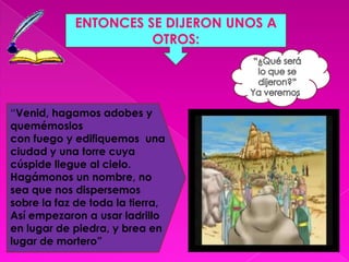 ENTONCES SE DIJERON UNOS A OTROS: “¿Qué será lo que se dijeron?”Ya veremos”“Venid, hagamos adobes y quemémoslos con fuego y edifiquemos una ciudad y una torre cuya cúspide llegue al cielo. Hagámonos un nombre, no sea que nos dispersemos sobre la faz de toda la tierra, Así empezaron a usar ladrillo en lugar de piedra, y brea en lugar de mortero”