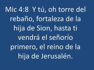 Mic 4:8 Y tú, oh torre del
rebaño, fortaleza de la
hija de Sion, hasta ti
vendrá el señorío
primero, el reino de la
hija de Jerusalén.
 