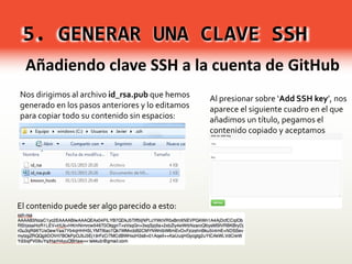 5. GENERAR UNA CLAVE SSH
Añadiendo clave SSH a la cuenta de GitHub
Nos dirigimos al archivo id_rsa.pub que hemos
generado en los pasos anteriores y lo editamos
para copiar todo su contenido sin espacios:
El contenido puede ser algo parecido a esto:
Al presionar sobre ‘Add SSH key’, nos
aparece el siguiente cuadro en el que
añadimos un título, pegamos el
contenido copiado y aceptamos
 