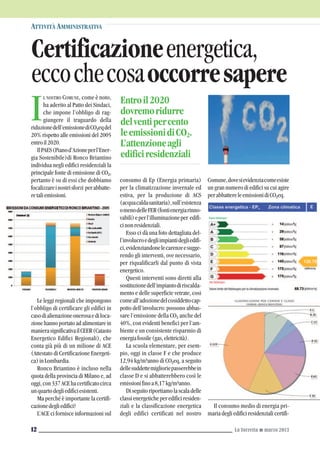 L NOSTRO COMUNE, come è noto,
ha aderito al Patto dei Sindaci,
che impone l’obbligo di rag-
giungere il traguardo della
riduzionedell’emissionediCO²eqdel
20% rispetto alle emissioni del 2005
entroil2020.
IlPAES(Pianod’Azioneperl’Ener-
gia Sostenibile)di Ronco Briantino
individua negli edifici residenziali la
principale fonte di emissione di CO²,
pertanto è su di essi che dobbiamo
focalizzareinostrisforzi perabbatte-
retaliemissioni.
Le leggi regionali che impongono
l’obbligo di certificare gli edifici in
casodialienazioneonerosaediloca-
zione hanno portato ad alimentare in
manierasignificativailCEER(Catasto
Energetico Edifici Regionali), che
conta già più di un milione di ACE
(Attestato di Certificazione Energeti-
ca)inLombardia.
Ronco Briantino è incluso nella
quota della provincia di Milano e, ad
oggi,con337ACEhacertificatocirca
unquartodegliedificiesistenti.
Ma perché è importante la certifi-
cazionedegliedifici?
L’ACE ci fornisce informazioni sul
ATTIVITÀ AMMINISTRATIVA
La Torretta G marzo 201312
I Entroil2020
dovremoridurre
delventipercento
leemissionidiCO².
L’attenzioneagli
edificiresidenziali
Certificazioneenergetica,
eccochecosaoccorresapere
consumo di Ep (Energia primaria)
per la climatizzazione invernale ed
estiva, per la produzione di ACS
(acquacaldasanitaria),sull’esistenza
omenodelleFER(fontienergiarinno-
vabili)eperl’illuminazioneper edifi-
cinonresidenziali.
Esso ci dà una foto dettagliata del-
l’involucroedegliimpiantidegliedifi-
ci,evidenziandonelecarenzeesugge-
rendo gli interventi, ove necessario,
per riqualificarli dal punto di vista
energetico.
Questi interventi sono diretti alla
sostituzionedell’impiantodiriscalda-
mento e delle superficie vetrate, cosi
comeall’adozionedelcosiddettocap-
potto dell’involucro: possono abbas-
sare l’emissione della CO² anche del
40%, con evidenti benefici per l’am-
biente e un consistente risparmio di
energiafossile(gas,elettricità).
La scuola elementare, per esem-
pio, oggi in classe F e che produce
12,94 kg/m³anno di CO²eq, a seguito
dellesuddettemiglioriepasserebbein
classe D e si abbatterebbero così le
emissionifinoa8,17kg/m³anno.
Diseguitoriportiamolascaladelle
classi energetiche per edifici residen-
ziali e la classificazione energetica
degli edifici certificati nel nostro
Comune,dovesievidenziacomeesiste
un gran numero di edifici su cui agire
perabbattereleemissionidiCO²eq.
Il consumo medio di energia pri-
maria degli edifici residenziali certifi-
 