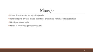 Manejo
Usa-lo de acordo com sua aptidão agrícola;
Fazer correções devido a acidez, a saturação de alumínio e a baixa fertilidade natural;
Verificar o teor de argila;
Mantê-lo coberto nos períodos chuvosos.
8
 