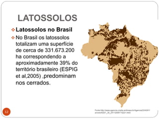 LATOSSOLOS
12
Latossolos no Brasil
 No Brasil os latossolos
totalizam uma superfície
de cerca de 331.673.200
ha correspondendo a
aproximadamente 39% do
território brasileiro (ESPIG
et al,2005) ,predominam
nos cerrados.
Fonte:http://www.agencia.cnptia.embrapa.br/Agencia22/AG01/
arvore/AG01_30_24112005115221.html
 