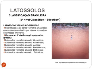 LATOSSOLOS
17
CLASSIFICAÇÃO BRASILEIRA
(2º Nível Categórico – Subordem)
LATOSSOLO VERMELHO-AMARELO
São latossolos de cores vermelho-amarelados
e amarelo-avermelhado,que não se enquadram
nas classes anteriores.
Classes no 3° nível categórico(grandes
grupos):
Latossolos vermelho-amarelo Alumínicos;
Latossolos vermelho-amarelo Acriférricos;
Latossolos vermelho-amarelo Ácricos;
Latossolos vermelho-amarelo Distroférricos;
Latossolos vermelho-amarelo Distróficos;
Latossolos vermelho-amarelo Eutróficos;
Fonte: http://www.pedologiafacil.com.br/curiosidade.php
 