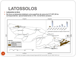 LATOSSOLOS
18
 Latossolos no Acre
 No Acre os latossolos totalizam uma superfície de cerca de 517.297,28 ha
correspondendo aproximadamente 3,15% do território acreano.
FEIJO
JORDAO
XAPURI
BUJARI
CAPIXABA
TARAUACA
BRASILEIA
ACRELANDIA
RIO BRANCO
PORTO ACRE
MANCIO LIMA
ASSIS BRASIL
PORTO WALTER
MANOEL URBANO
EPITACIOLANDIA
SENA MADUREIRA
RODRIGUES ALVESCRUZEIRO DO SUL
SENADOR GUIOMARD
PLACIDO DE CASTRO
SANTA ROSA DO PURUS
MARECHAL THAUMATURGO
69°0'0"W
69°0'0"W
72°0'0"W
72°0'0"W
9°0'0"S
9°0'0"S
Legenda
0 100 200 30050
km
Distribuição de Latossolos em relação ao Estado do Acre
Rodovias
Limites municipais
Latossolo
Sedes municipais
3,1
38,3
1,3
3,0
5,9
14,6
2,2
31,6
FEIJO
JORDAO
XAPURI
BUJARI
CAPIXABA
TARAUACA
BRASILEIA
ACRELANDIA
RIO BRANCO
PORTO ACRE
MANCIO LIMA
ASSIS BRASIL
PORTO WALTER
MANOEL URBANO
EPITACIOLANDIA
SENA MADUREIRA
RODRIGUES ALVESCRUZEIRO DO SUL
SENADOR GUIOMARD
PLACIDO DE CASTRO
SANTA ROSA DO PURUS
MARECHAL THAUMATURGO
69°0'0"W
69°0'0"W
72°0'0"W
72°0'0"W
9°0'0"S
9°0'0"S
Legenda
0 100 200 30050
km
Distribuição de Latossolos em relação ao Estado do Acre
Rodovias
Limites municipais
Latossolo
Sedes municipais
3,1
38,3
1,3
3,0
5,9
14,6
2,2
31,6
 