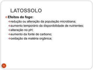 LATOSSOLO
25
Efeitos do fogo:
redução ou alteração da população microbiana;
aumento temporário da disponibilidade de nutrientes;
alteração no pH;
aumento da fonte de carbono;
oxidação da matéria orgânica;
 