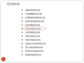Ordens
 ARGISSOLOS
 CAMBISSOLOS
 CHERNOSSOLOS
 ESPODOSSOLOS
 GLEISSOLOS
 LATOSSOLOS
 LUVISSOLOS
 NEOSSOLOS
 NITOSSOLOS
 ORGANOSSOLOS
 PLANOSSOLOS
 PLINTOSSOLOS
 VERTISSOLOS
3
 