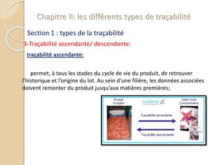 Chapitre II: les différents types de traçabilité
Section 1 : types de la traçabilité
3-Traçabilité ascendante/ descendante:
traçabilité ascendante:
permet, à tous les stades du cycle de vie du produit, de retrouver
l’historique et l’origine du lot. Au sein d’une filière, les données associées
doivent remonter du produit jusqu’aux matières premières;
 