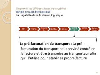 La pré-facturation du transport : La pré-
facturation du transport peut servir à contrôler
la facture et être transmise au transporteur afin
qu'il l'utilise pour établir sa propre facture
49
MP Trans.
Fabric
a.
Emba. stock
Distrib
u.
Conso
.
Retour
/destr
uc.
Chapitre II: les différents types de traçabilité
section 2: traçabilité logistique
La traçabilité dans la chaine logistique
 
