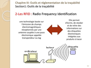 Chapitre III: Outils et réglementation de la traçabilité
Section1: Outils de la traçabilité
2-Les RFID : Radio Frequency Identification
62
une technologie basée sur
l'émission de champs
électromagnétiques
réceptionnés par une
antenne couplée à une puce
électronique appelée
transpondeur ou tag
Elle permet
d'écrire, de stocker
et de relire des
informations sur
des étiquettes
électroniques
intégrées aux
produits à tracer
 