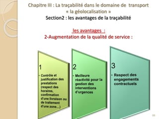 Chapitre III : La traçabilité dans le domaine de transport
« la géolocalisation »
Section2 : les avantages de la traçabilité
les avantages :
2-Augmentation de la qualité de service :
88
 