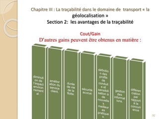 Chapitre III : La traçabilité dans le domaine de transport « la
géolocalisation »
Section 2: les avantages de la traçabilité
Cout/Gain
D’autres gains peuvent être obtenus en matière :
92
 