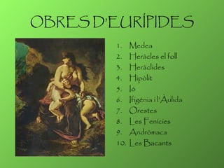 OBRES D’EURÍPIDES Medea Heràcles el foll Heràclides Hipòlit Ió Ifigènia i l’Àulida Orestes Les Fenícies Andròmaca Les Bacants 