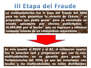 La multicedulación fue la base del fraude del 2006
para no solo garantizar la victoria de Chávez “ se
proyectaba que podía ganar” pero se necesitaba un
triunfo aplastante por efectos publicitarios “
10.000.000 por el buche” que no lograron y eliminar
cualquier intento de un referendum revocatorio
En este evento el PSUV y el G2, si estimaron cuanto
fue la votación real y proyectaron que con la sola
multicedulación no es garantía para ganar la
Parlamentarias del 2010; ya que las votaciones son
locales y los multicedulados no están distribuidos
 