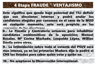4 Etapa FRAUDE “ VENTAJISMO
DESCARADO”
Esto significa que queda bajo potestad del TSJ definir
que son elecciones internas y podrá anular los
candidatos elegidos por consenso en el seno de la MUD
en cualquier momento, este será propicio en las
cercanías de las elecciones.
8.- La Fiscalía y Contraloría actuaran para inhabilitar
candidatos emblemáticos de la oposición; Manuel
Rosales, Mª Corina Machado, Leopoldo López, Willian
Dávila entre otros.
9.- La intimidación sobre todo al votante del PSUV será
mas intensa, ya en las primarias Maduro dijo le pediré al
CNE los listados para saber quién voto y quién no.
10.- No aceptaran la Observación Internacional.
 